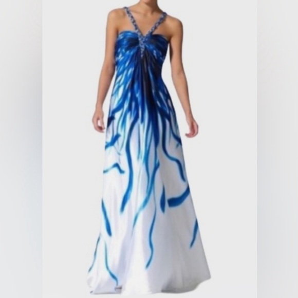 Cache Blue and White Prom Dress with Embellished Neckline - Picture 1 of 11